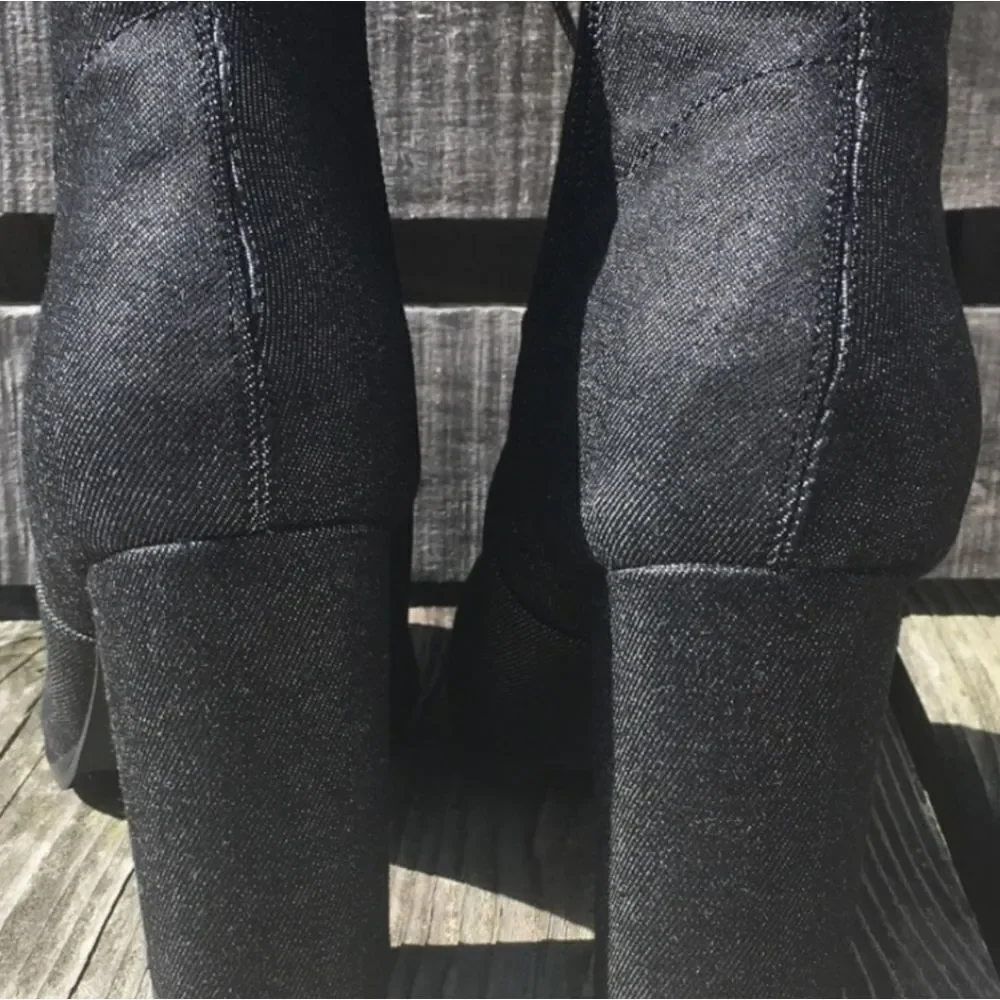 BLACK DENIM OVER THE KNEE BLOCK PLASFORM HEEL BOOT